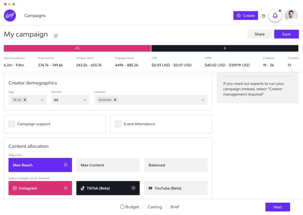 Vamp campaign calculator showing cost effective ways to achieve your goals.