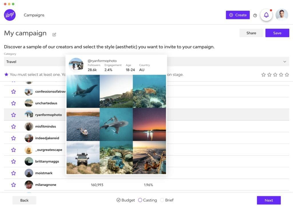 Vamp influencer discovery showing invite-only creators ready to collaborate.