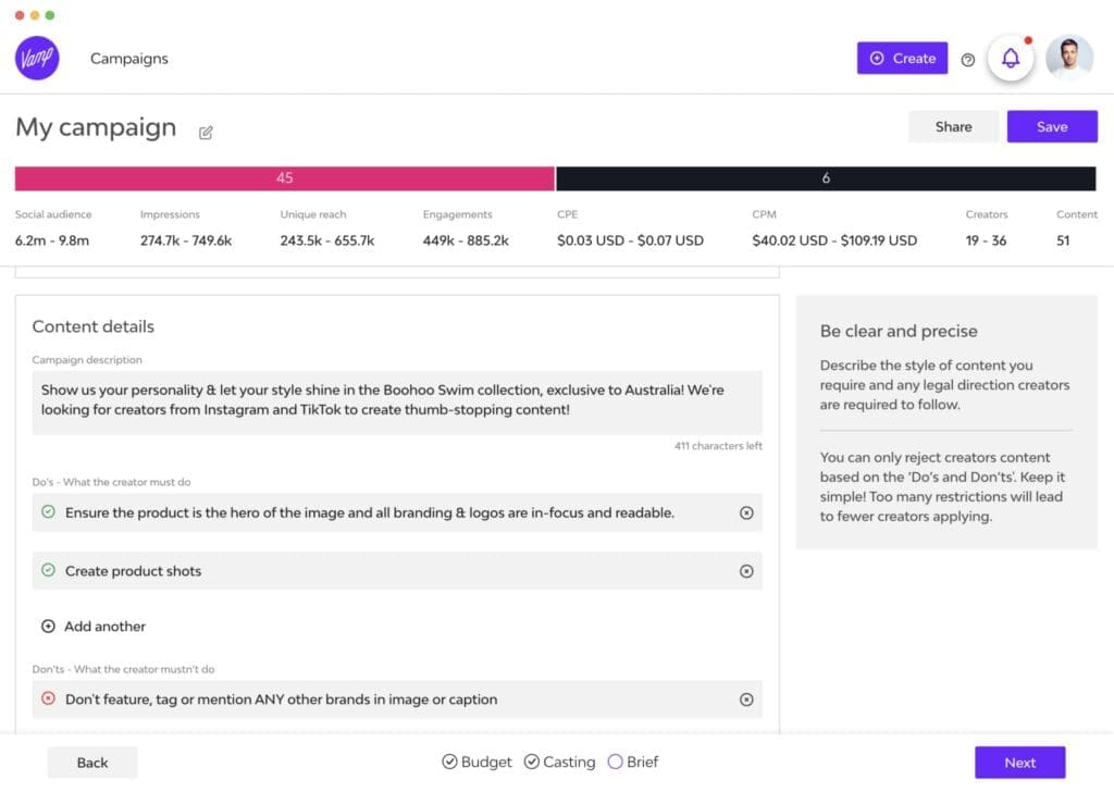 Vamp influencer briefing showing smart templates and best practices.